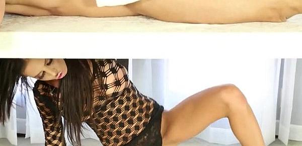  2-Unbelievable model in luxury lingerie milking under the table-2014-11-30-14-20-046